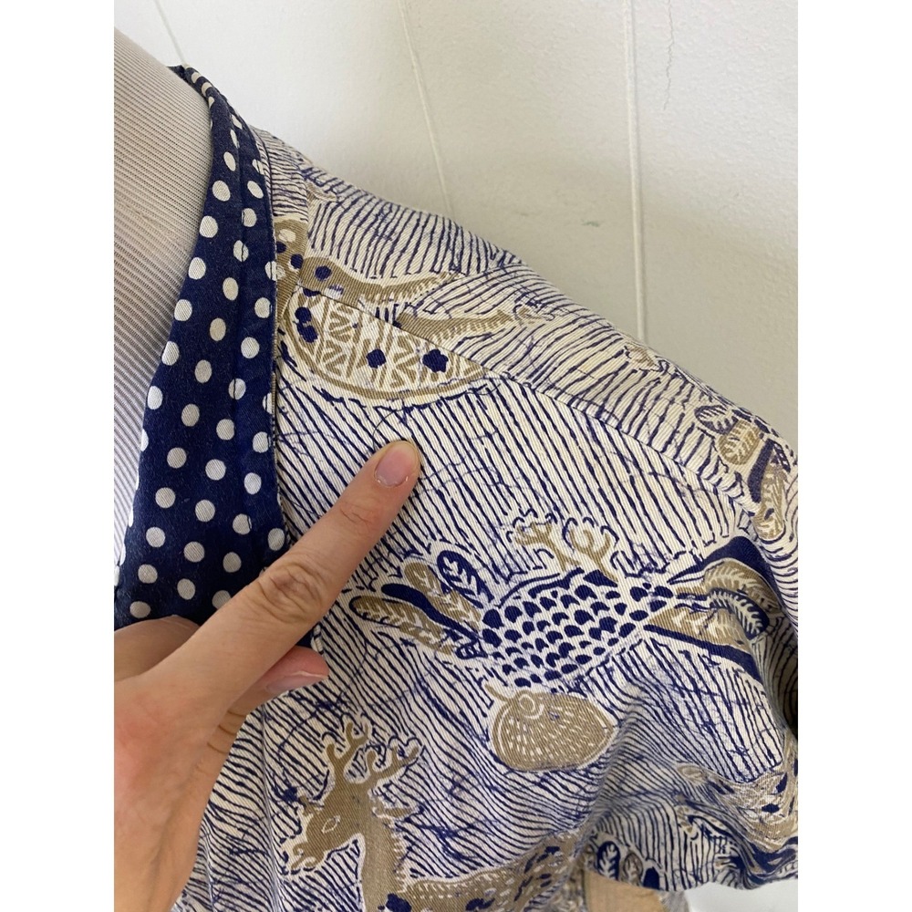 VTG HearSay Batik Animal Print Short Sleeve Belted Button Up Top Blue Tan Sz S/M - Picture 5 of 13
